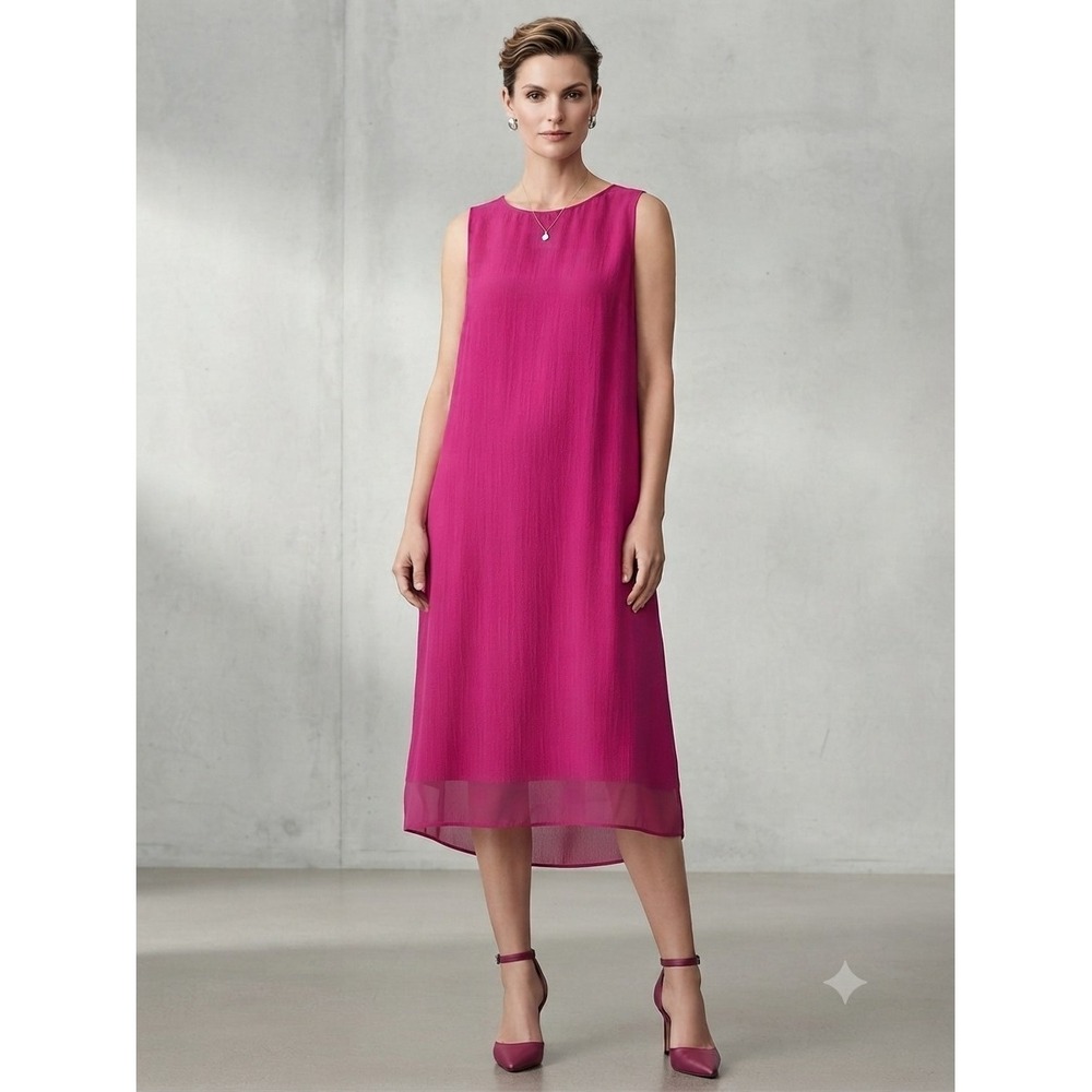Eileen Fisher Sheer Silk Georgette Boat Neck Sleeveless Midi Dress Sangria $398